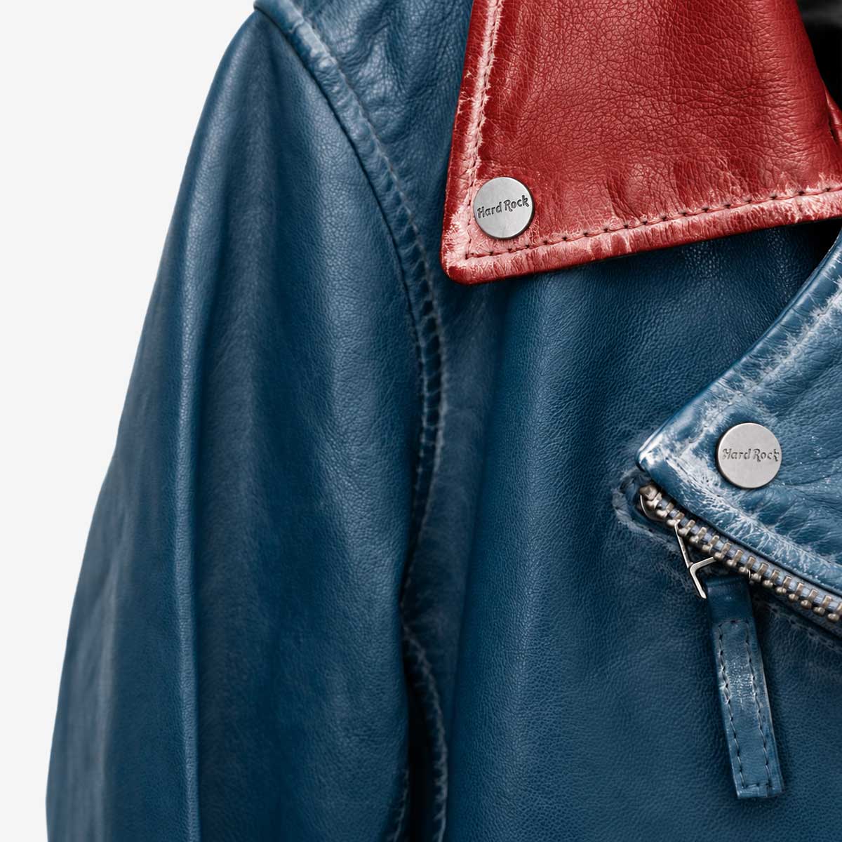 Ladies Fit Star Leather Jacket in Blue image number 7