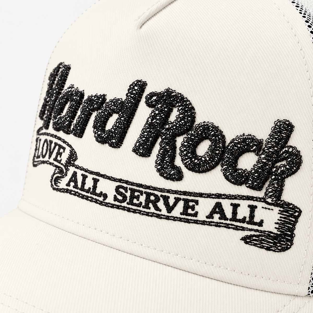 Hard Rock x Cult Banner Motto Mesh Trucker Hat in Winter White image number 7