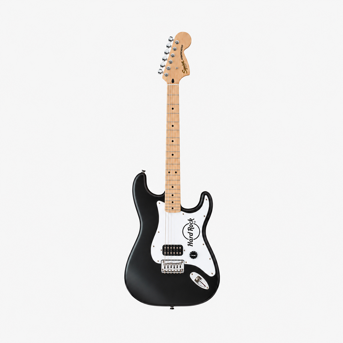 Fender x Hard Rock Stratocaster electric guitar in black with white Hard Rock logo pickguard, maple neck and chrome hardware. image number 1